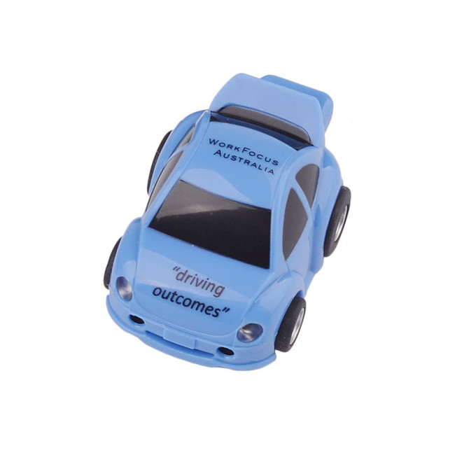 A blue car-shaped flash drive with black wheels and a logo on the side.