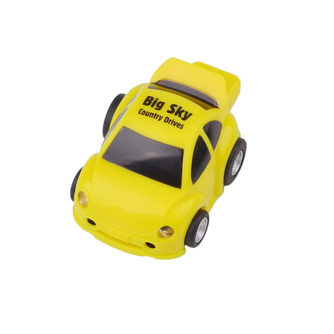 A yellow car-shaped flash drive with black wheels and a logo on its body.