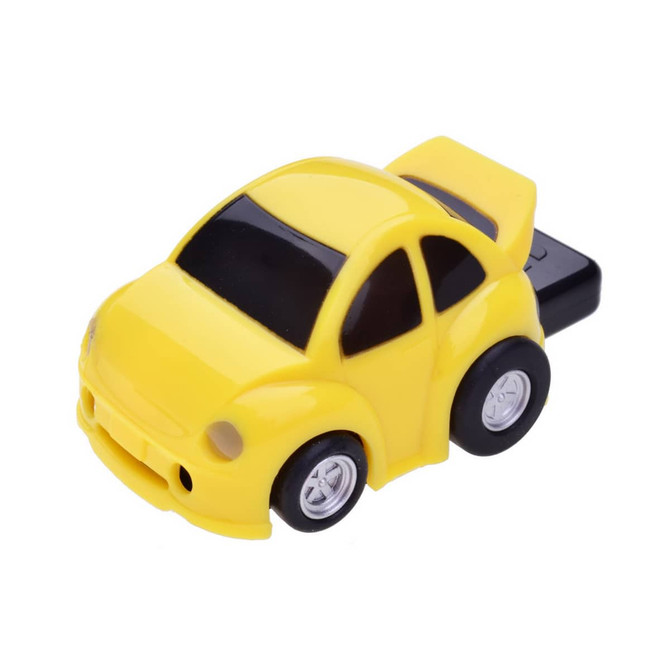 A yellow car-shaped flash drive featuring black wheels and a sleek design. The product includes a branding logo.