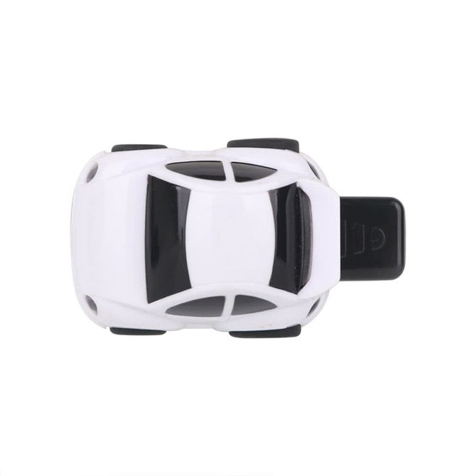 A white and black car-shaped flash drive with a USB connector, featuring a simple design and a logo.