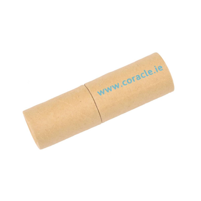 An eco-friendly flash drive with a cylindrical cardboard casing and a logo printed on it.