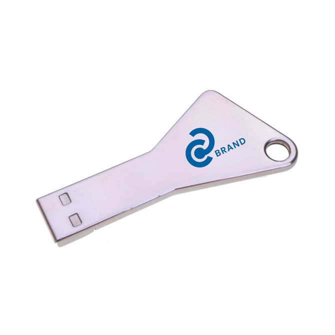 A silver tri-key flash drive with a logo, featuring a unique key shape.