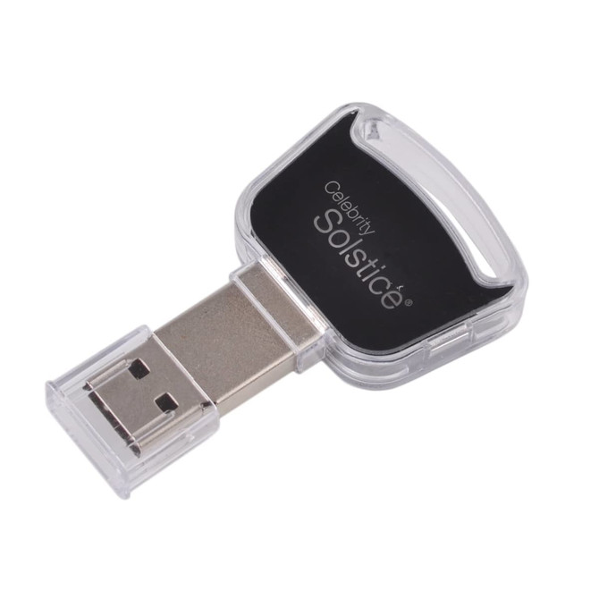 A transparent and black USB flash drive with a metal connector and a logo on the surface.
