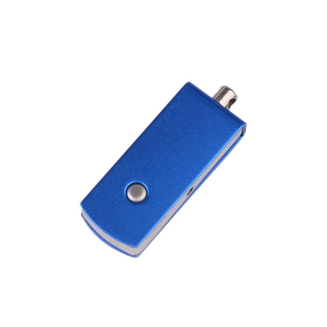 A blue swivel flash drive with a metallic finish and a button on the side. It has a sleek design and compact shape.