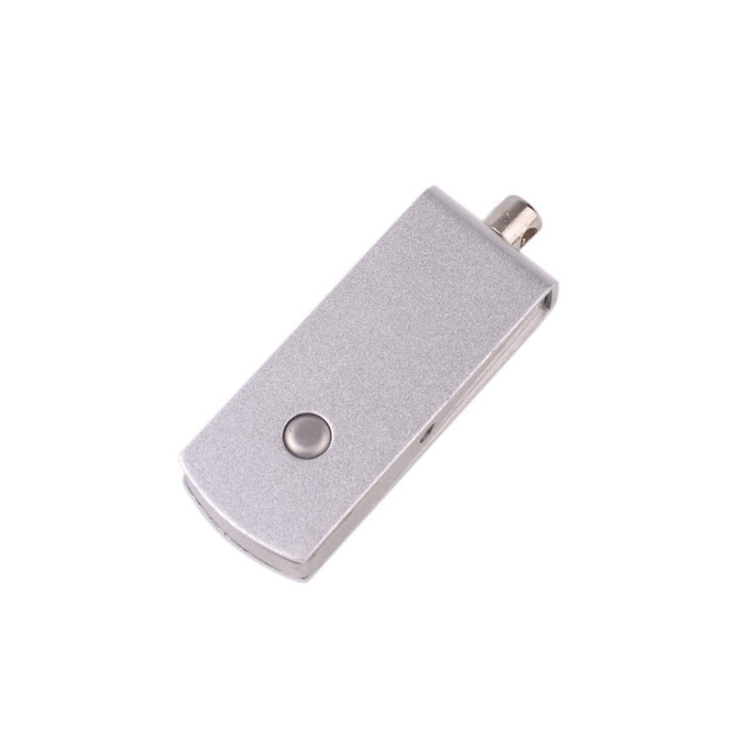 A silver Puller Swivel Flash Drive with a sleek design and a circular button on one side.