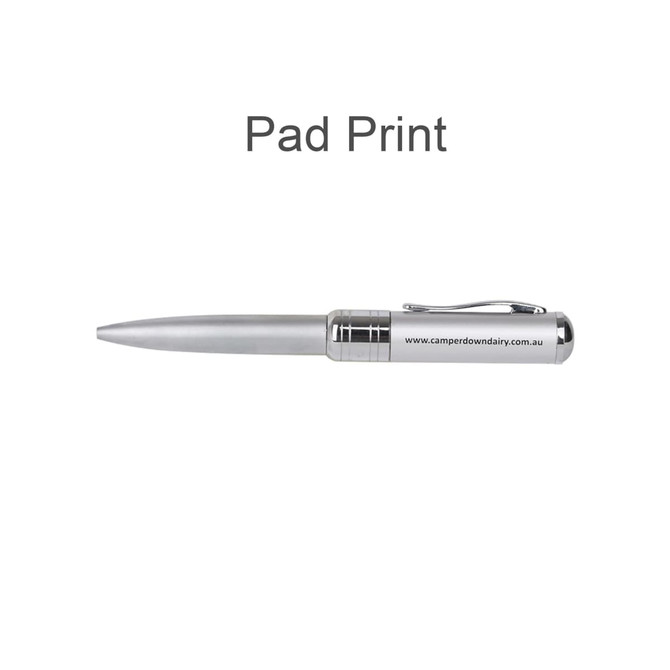 A silver pen with a sleek design and a clip, featuring a logo on its side.
