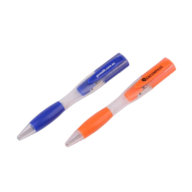 A blue and orange ballpoint pen flash drive, featuring transparent bodies and a branding logo on the orange pen.