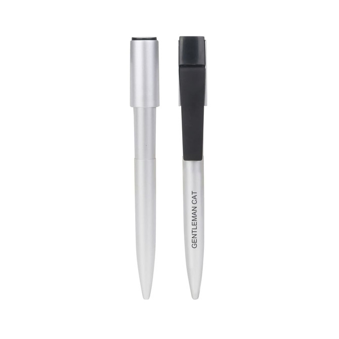 A click USB memory pen in silver and black, featuring a sleek design and a logo on the barrel.