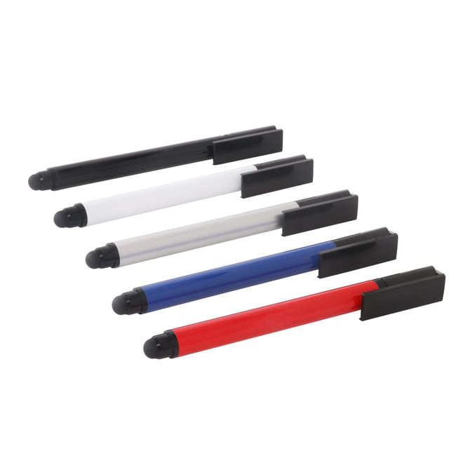 A variety of 3 in 1 stylus USB pens in black, white, blue, and red, featuring a logo.