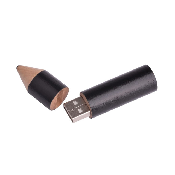 A black pencil-shaped flash drive with a removable cap. The USB connector is exposed.