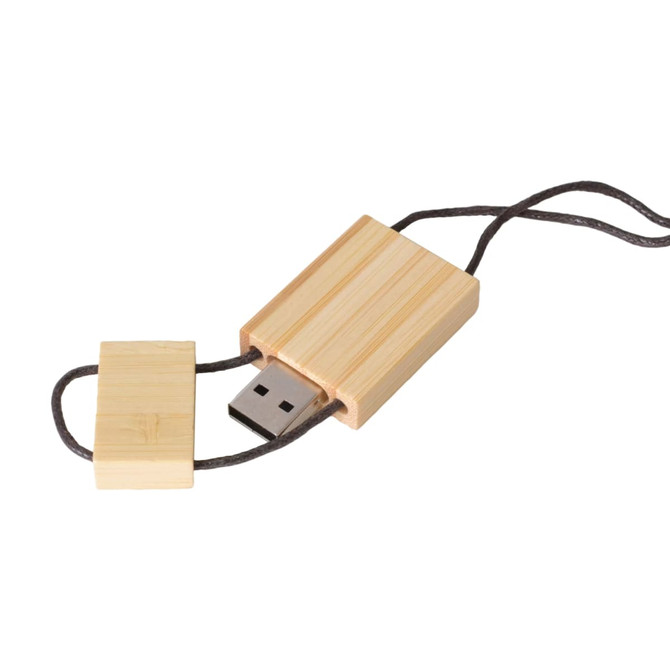 A wooden string flash drive in light brown, featuring a USB connector and an attached cord for easy carrying.