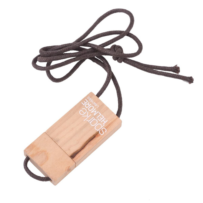 A wooden string flash drive with a light brown finish and a dark brown cord for attachment.