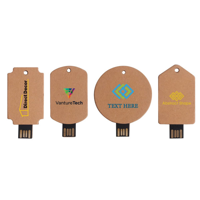 A collection of four eco-friendly paper flash drives in various shapes, featuring a natural brown colour with black connectors.