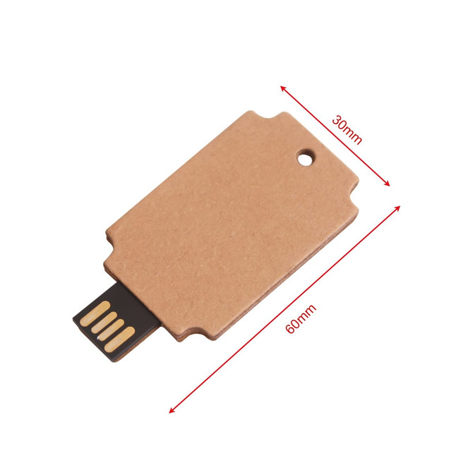 An eco-friendly flash drive in brown cardboard, featuring a USB connector. It includes a hole for easy attachment and has dimensions specified.