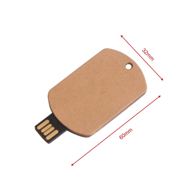 A light brown eco paper flash drive with a black connector, featuring a hole for attachment, measuring 60mm by 32mm.