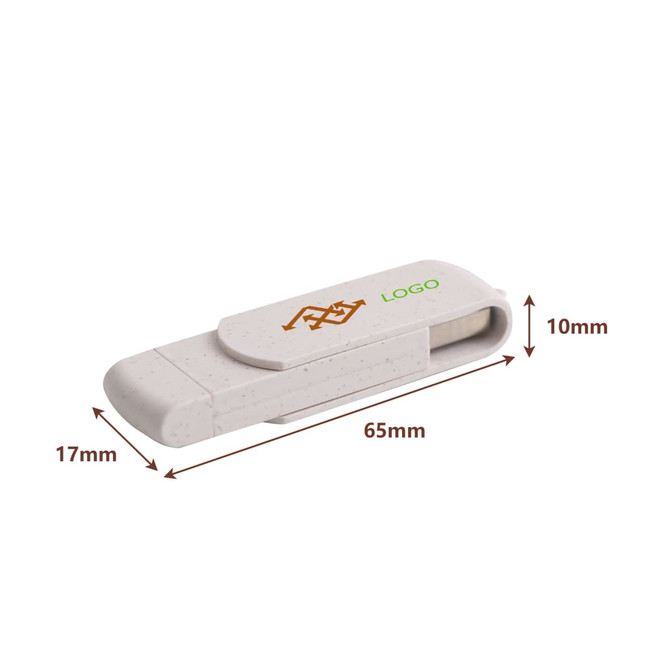 A wheat straw Type C flash drive in a light beige colour with a logo, featuring a sliding cover.