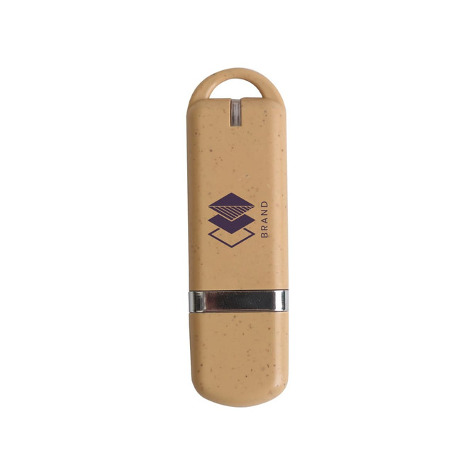 An eco-friendly beige flash drive with a silver band and a logo on the front.