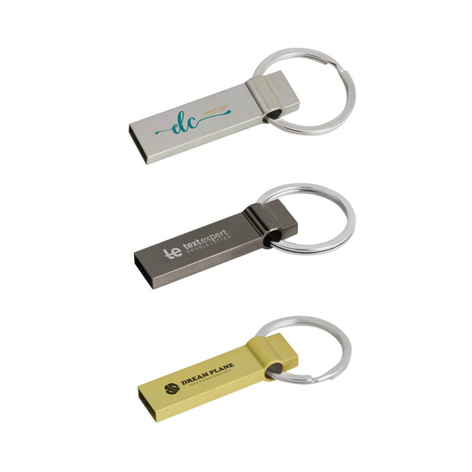 Three metal flash drives in silver, black, and gold, each attached to a keyring. Each has a logo or branding.