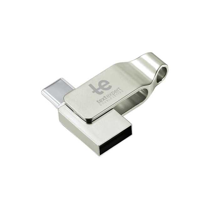 A silver Pivot Duo Type-C flash drive featuring a swivel design and a logo.