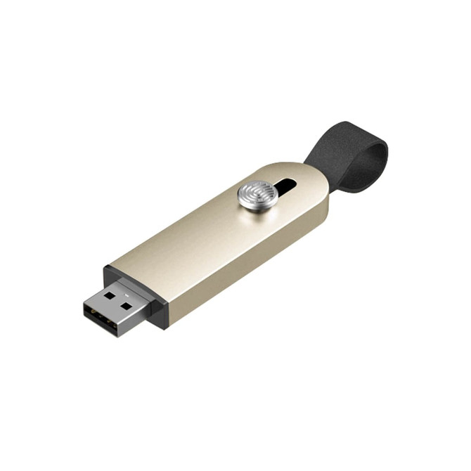 A sliding metal flash drive in gold and black, featuring a smooth metallic surface and a loop for easy attachment.
