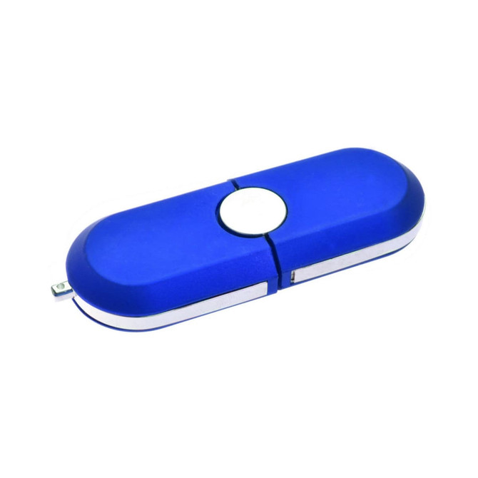 A blue flash drive with a rounded design and a silver accent, featuring a logo on the side.