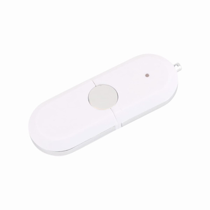 A white Tauris flash drive with a rounded design and a central button, featuring a small indicator light.
