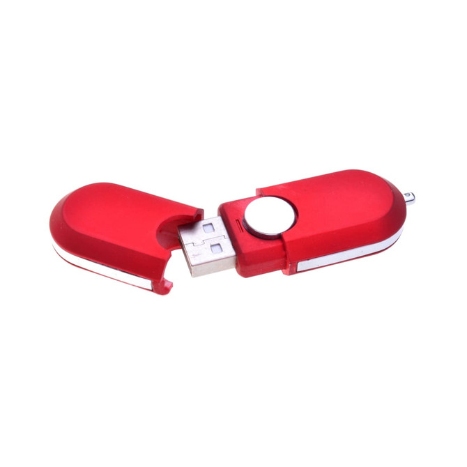 A red Tauris flash drive with a sliding cap, featuring a silver accent and a branded logo.