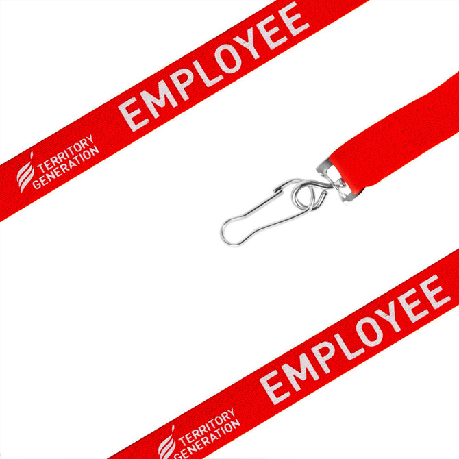 A red poly ribbed lanyard with a metal clip and a logo, featuring the word "EMPLOYEE" prominently.
