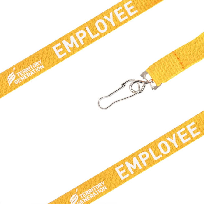 A yellow poly ribbed lanyard with a clip and branding, featuring the word "EMPLOYEE" on the strap.