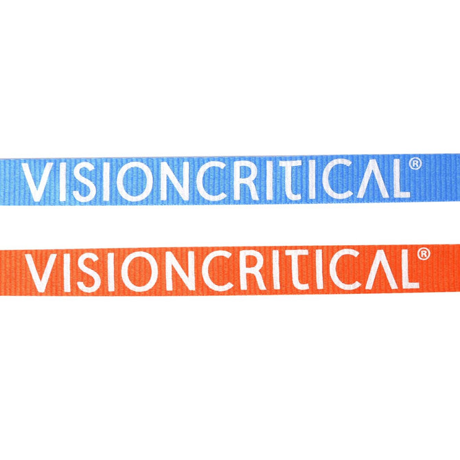 Two poly ribbed lanyards, one in blue and the other in orange, both featuring a logo.