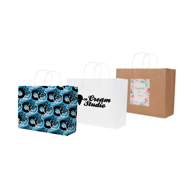 Three Kraft paper bags featuring different designs: one brown, one white with a logo, and one blue patterned bag.