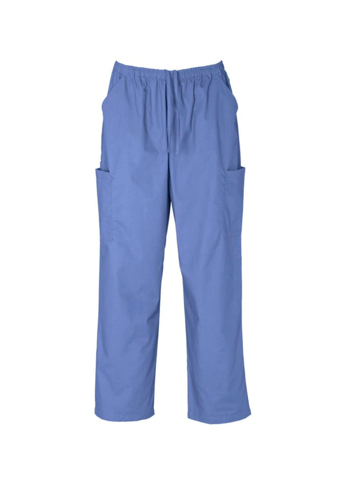 Classic unisex scrub cargo pants in light blue with elastic waistband and multiple side pockets.