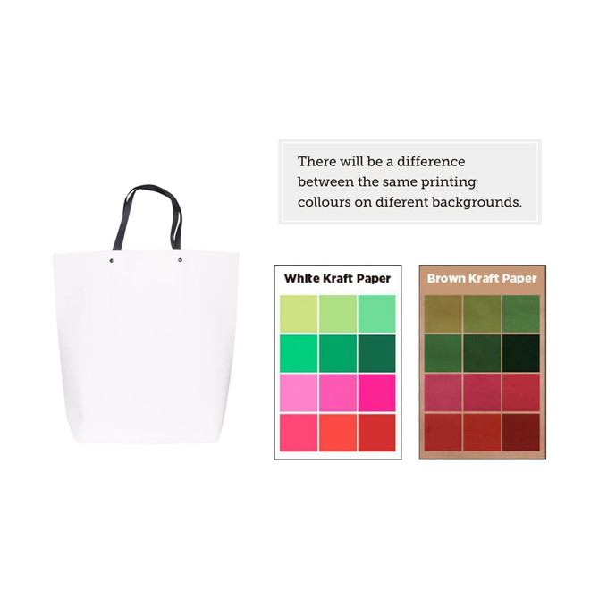 A large white boutique paper bag with black handles, accompanied by colour swatches for Kraft paper options.