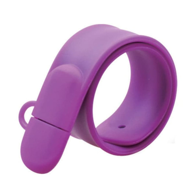 A purple silicone slap band flash drive with a rounded design and a small removable cap, featuring a logo.