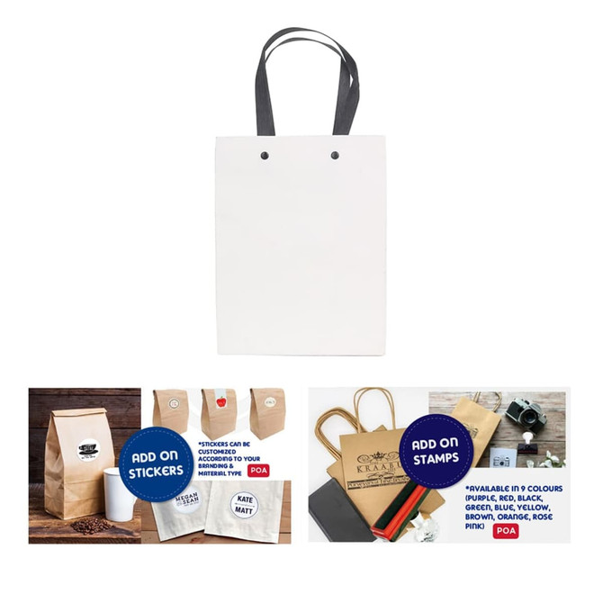 A small vertical paper bag in white with a knitted grey handle, featuring a logo on the front.