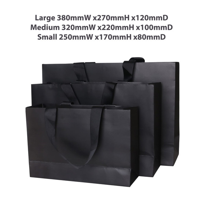 A set of black paper bags with flat handles in three sizes: small, medium, and large. Each bag has a logo.