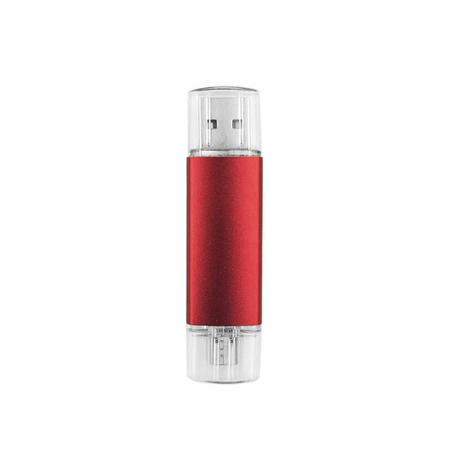 A red double-end Type C flash drive with transparent ends and a sleek design. It features a logo on its body.
