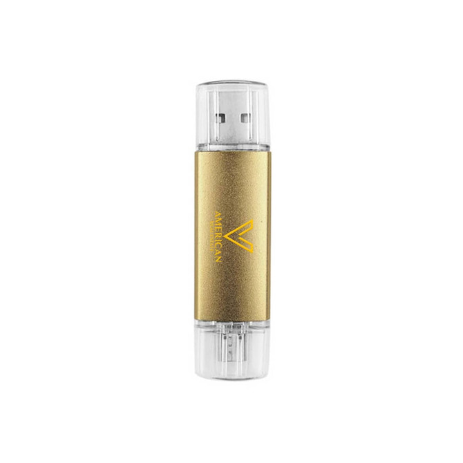 A gold and clear double-end Type C flash drive with a brand logo.