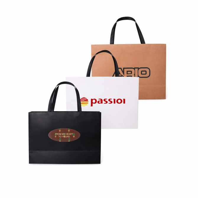 Three medium paper bags with flat handles in brown, white, and black, featuring various logos.