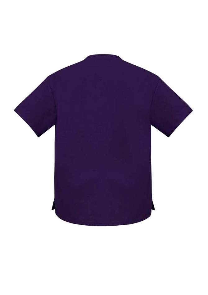 A purple unisex scrub top with short sleeves and a rounded neckline, featuring a logo.