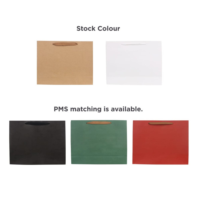 Medium crosswise paper bags in brown, white, black, green, and red with fabric flat handles. Each bag features a logo.