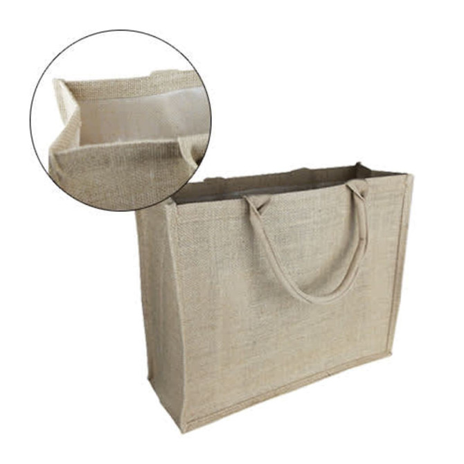 A natural jute tote bag with handles, featuring a simple design in a light beige colour.