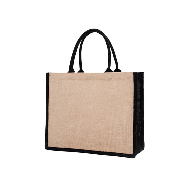 Coloured jute tote bag in natural with black handles and trim, featuring a logo on the front.