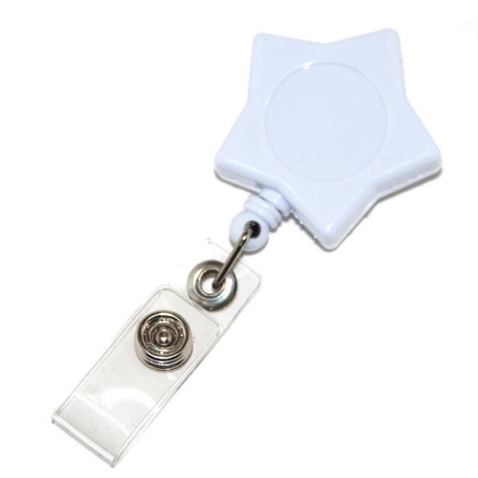 A light blue star-shaped retractable card holder with a clear clip attachment.