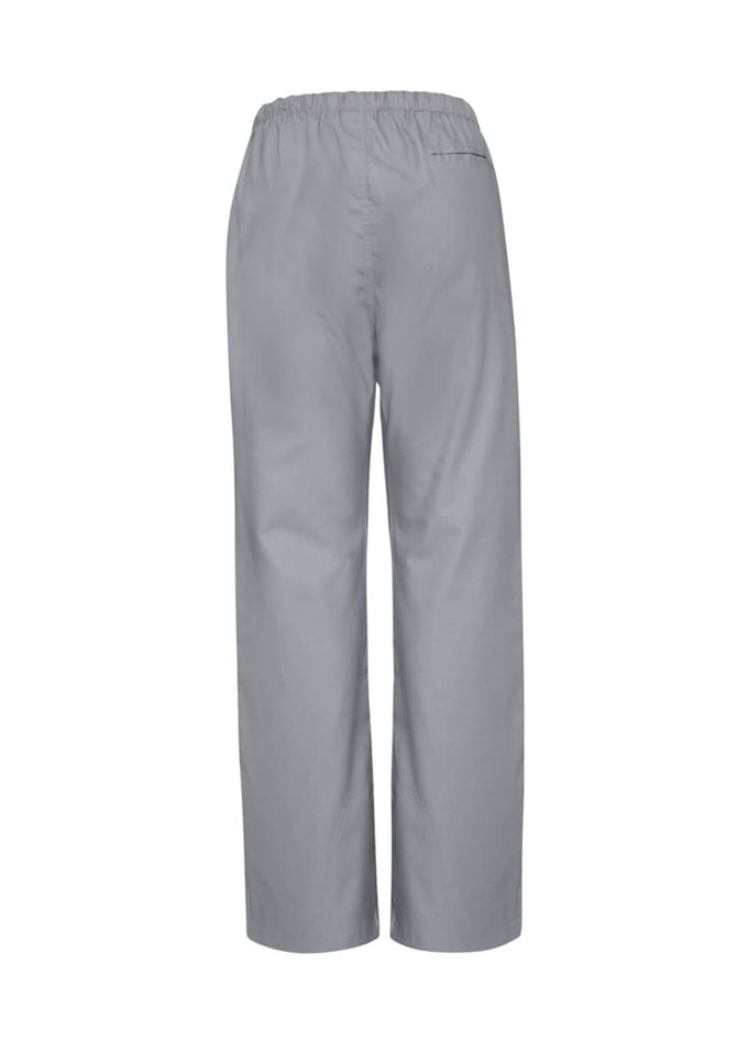 A pair of classic women's bootleg scrub pants in light grey, featuring a wide leg design and an elastic waistband.