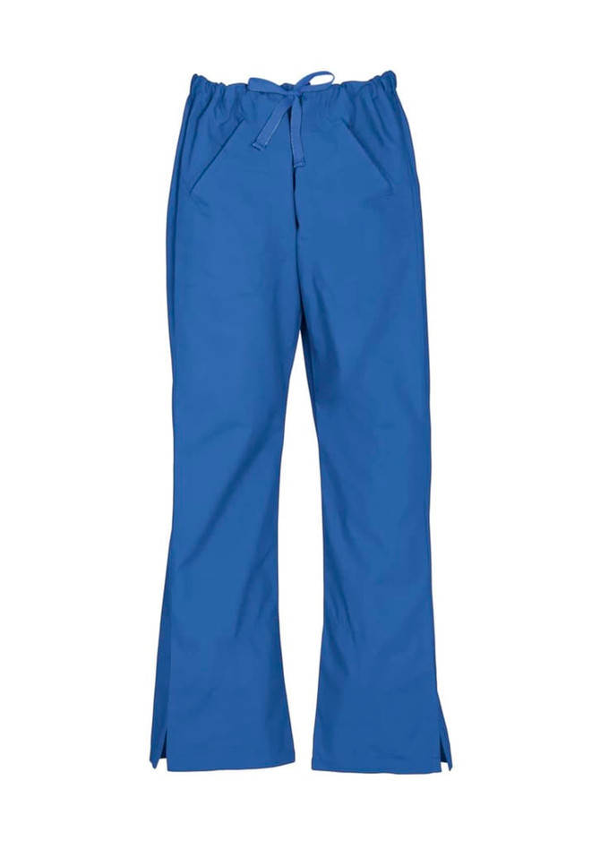 Classic women's bootleg scrub pant in a vibrant blue colour, featuring an elastic waistband and side pockets.