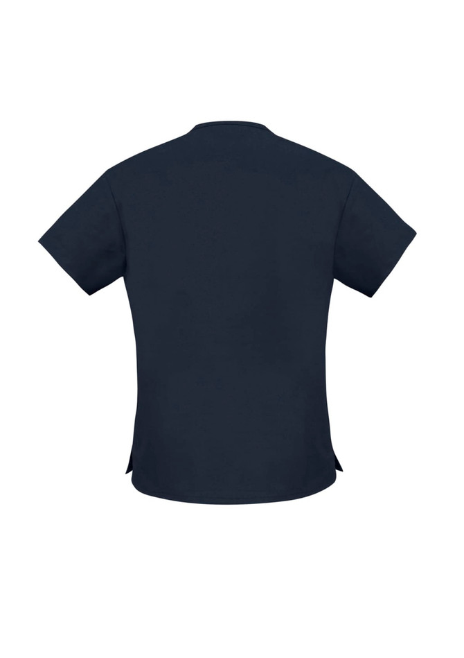 A navy blue women's scrub top with short sleeves and a back view. It features a logo on the back.