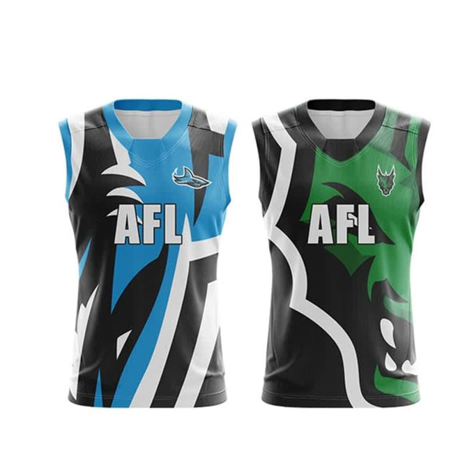 A reversible AFL jersey featuring blue and black with white and green designs. It has a logo on both sides.