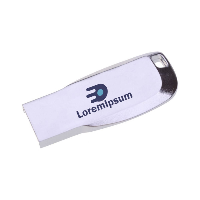 A silver mini key flash drive with a logo on one side, featuring a streamlined design.