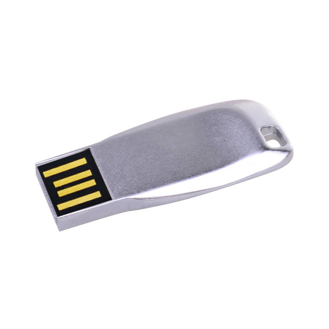 A silver mini key flash drive with a sleek design, featuring a USB connector and a logo on the surface.